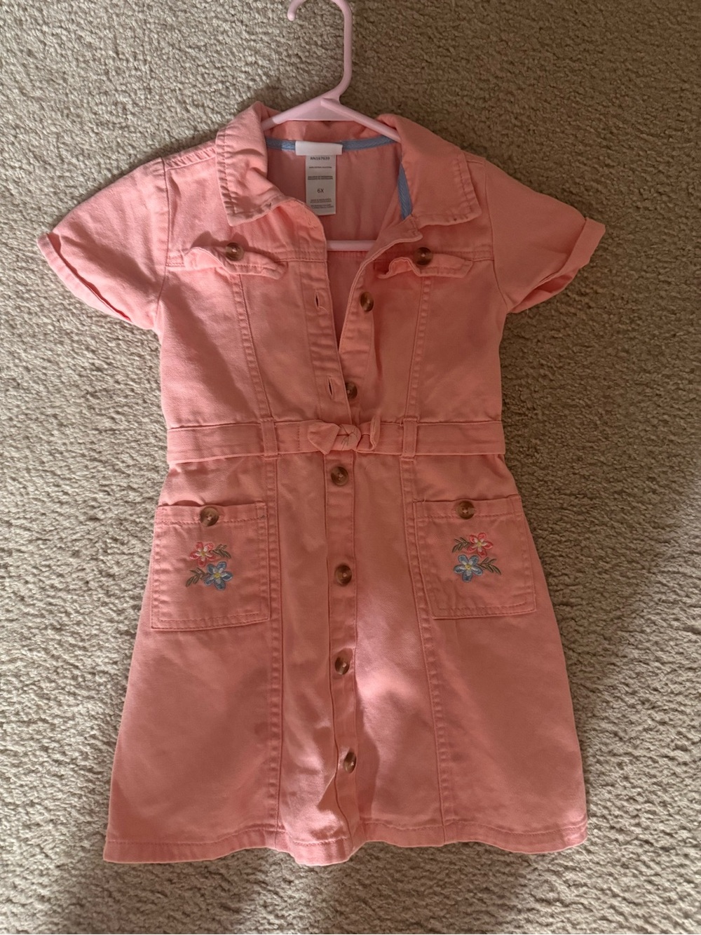 Little Lass Coral Pink Button-Front Dress with Embroidered Pockets